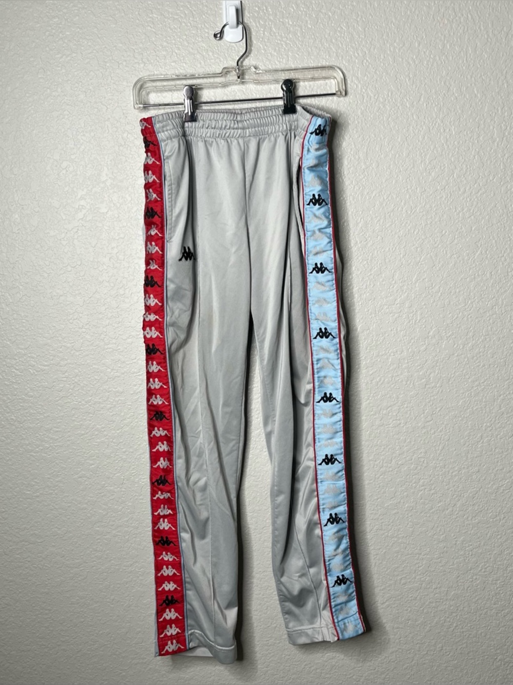 Kappa Y2K Track Pants Gray Side Stripe Logo Joggers Red Blue Streetwear Medium